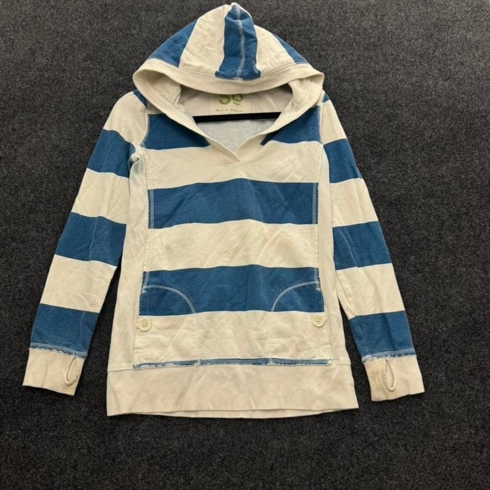 SB Blue Cream Striped Hoodie Womens Medium Y2K Coastal Pullover Sweatshirt